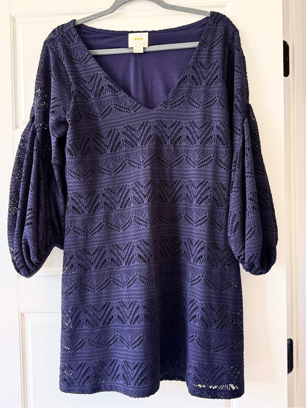 Maeve Navy Knit Mini Dress with Crochet Overlay